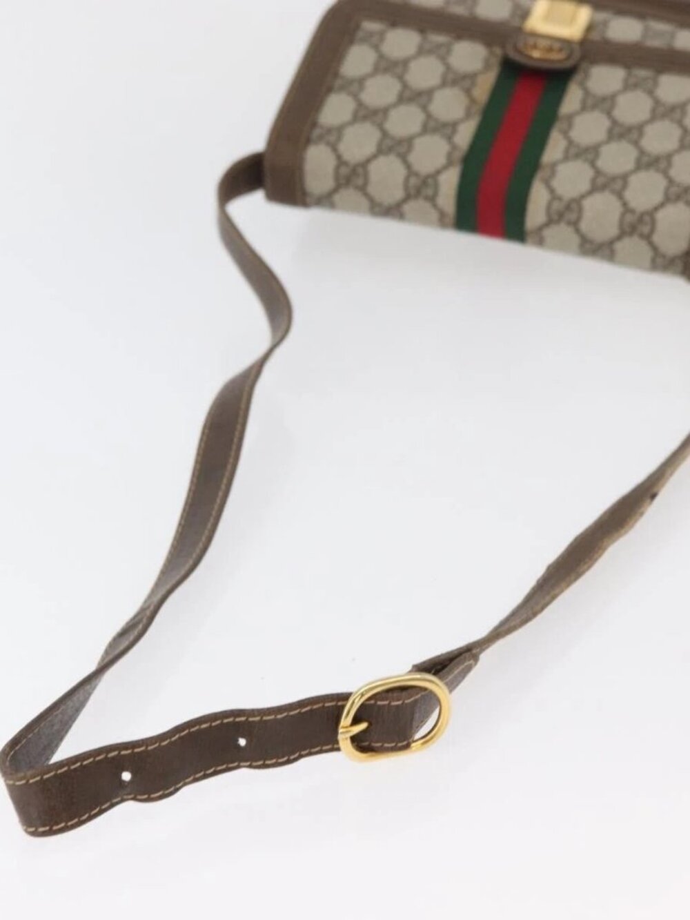 GUCCI GG Supreme Web Sherry Line Shoulder Bag PVC Beige Gold Red Auth ka4225 - Picture 10 of 13